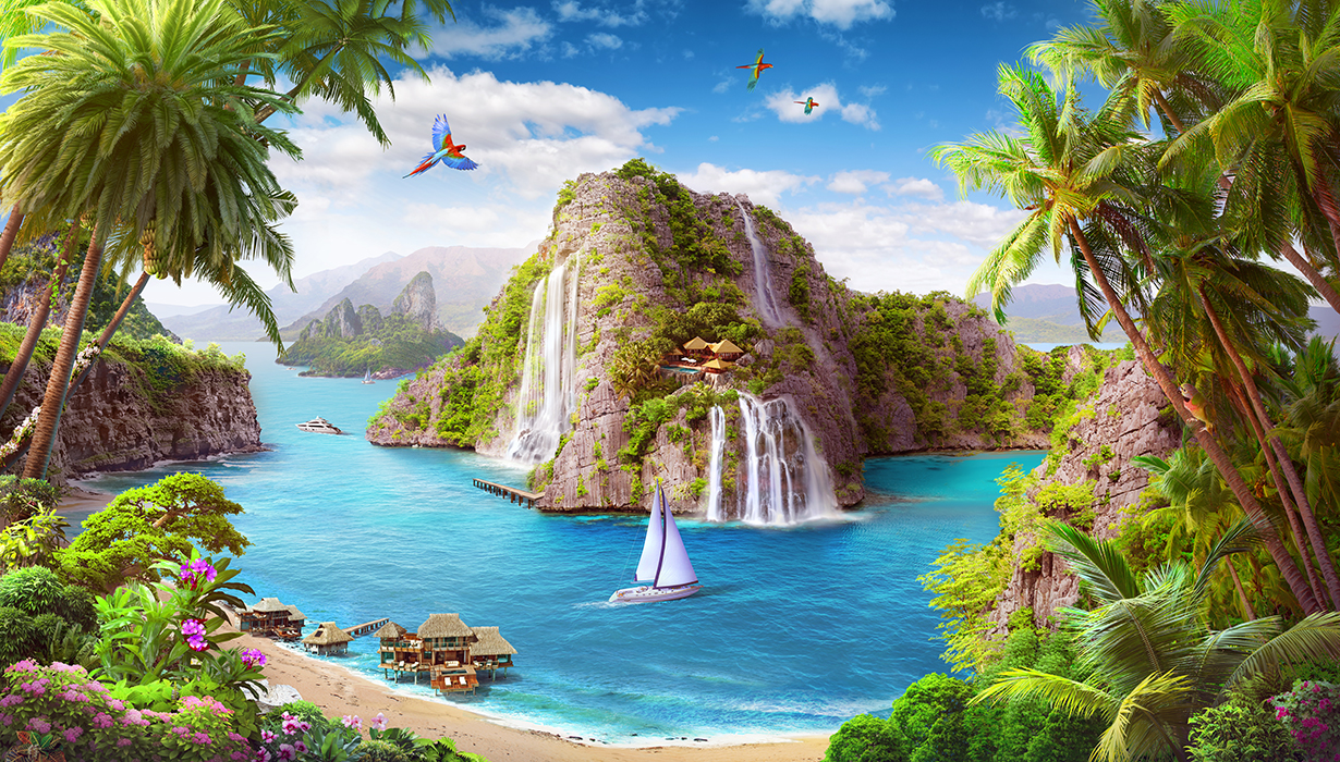 33 Тропический остров с водопадами